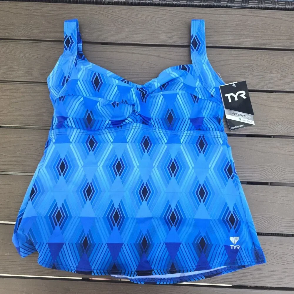 TYR Durafast Elite Women Blue Stirling Twisted Bra Swim Tankini SZ 12 New